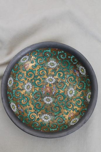 photo of vintage Japanese porcelain bowl, hand-painted china bowl w/ pewter cladding #2