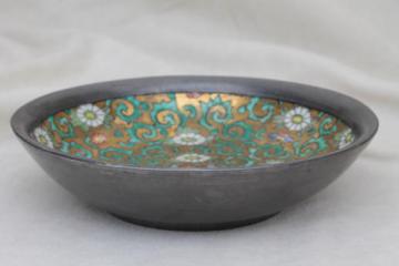 catalog photo of vintage Japanese porcelain bowl, hand-painted china bowl w/ pewter cladding