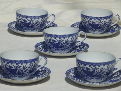 photo of vintage Japanese tea cups set, blue & white china Phoenix ware birds #1