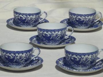 catalog photo of vintage Japanese tea cups set, blue & white china Phoenix ware birds