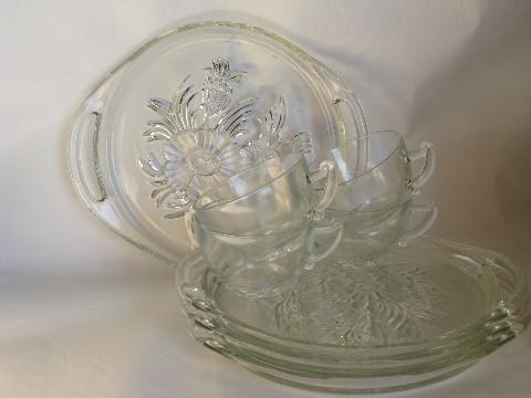 photo of vintage Jeanette glass, camellia flower pattern snack sets, plates & cups #1