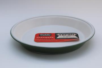 catalog photo of vintage Jeannette Glasbake pie pan w/ original label, avocado green glass w/ teflon finish