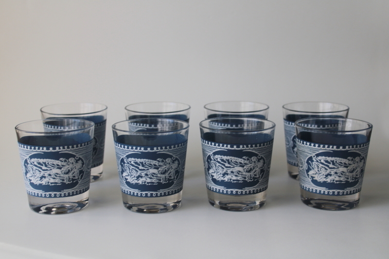 photo of vintage Jeannette Royal Currier & Ives pattern glassware, set of 8 old fashioned glasses blue and white  #1