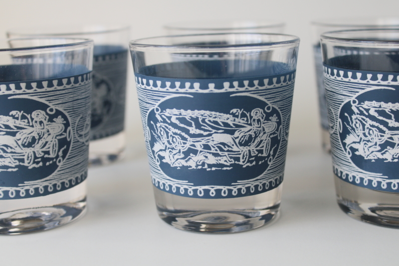 photo of vintage Jeannette Royal Currier & Ives pattern glassware, set of 8 old fashioned glasses blue and white  #2