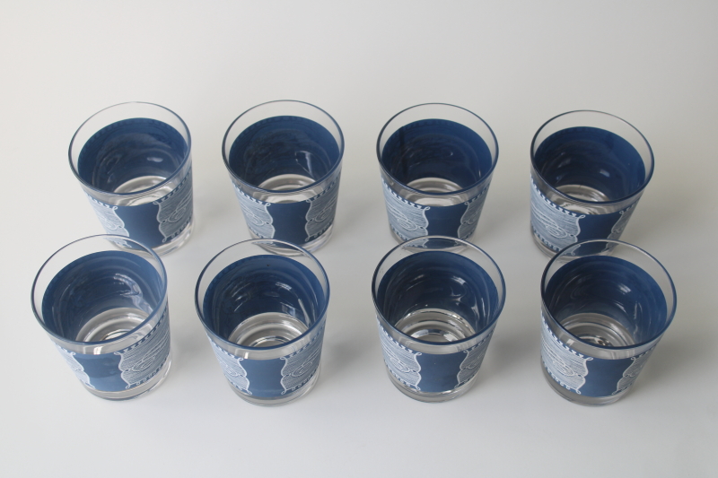 photo of vintage Jeannette Royal Currier & Ives pattern glassware, set of 8 old fashioned glasses blue and white  #3