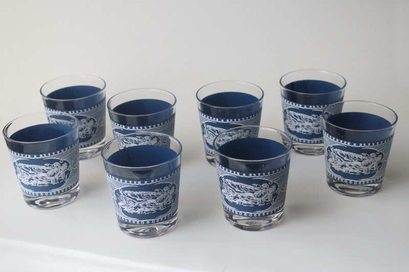 photo of vintage Jeannette Royal Currier & Ives pattern glassware, set of 8 old fashioned glasses blue and white  #5