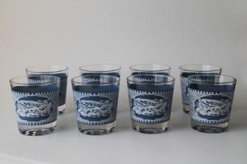 vintage Jeannette Royal Currier & Ives pattern glassware, set of 8 old fashioned glasses blue and white 