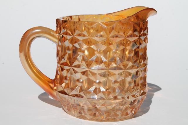 photo of vintage Jeannette glass iridescent marigold luster pitcher, Holiday buttons & bows milk jug #3