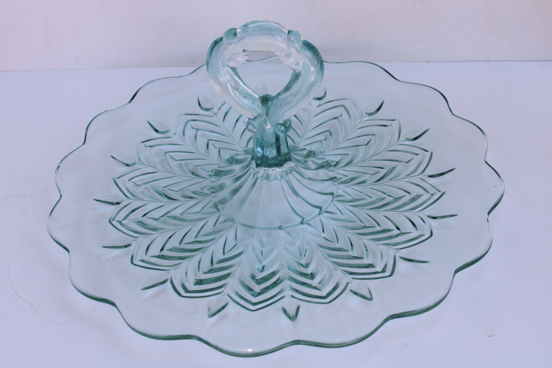 photo of vintage Jeannette glass sandwich or cake plate w/ center handle, feather pattern in blue #1