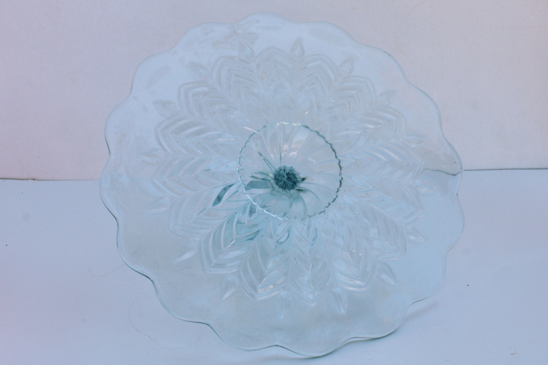 photo of vintage Jeannette glass sandwich or cake plate w/ center handle, feather pattern in blue #2