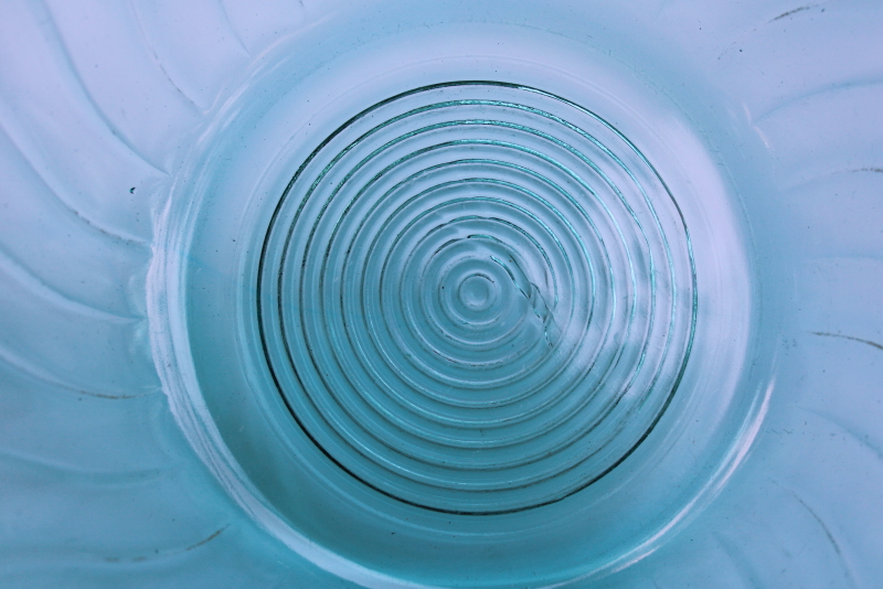 photo of vintage Jeannette glass ultramarine teal green depression glass large salad bowl swirl pattern #2