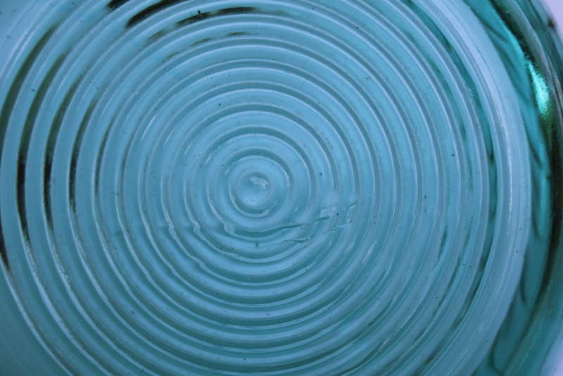 photo of vintage Jeannette glass ultramarine teal green depression glass large salad bowl swirl pattern #4