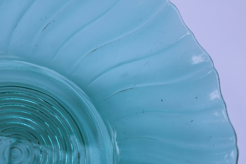 photo of vintage Jeannette glass ultramarine teal green depression glass large salad bowl swirl pattern #5
