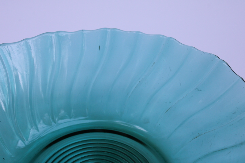 photo of vintage Jeannette glass ultramarine teal green depression glass large salad bowl swirl pattern #6