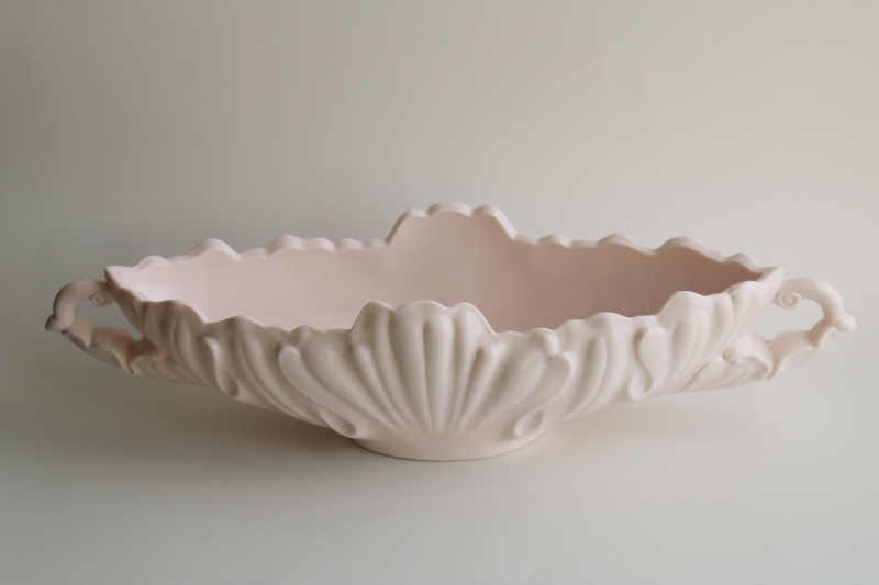 photo of vintage Jeannette shell pink milk glass, long low gondola planter bowl in pretty pastel pink #1