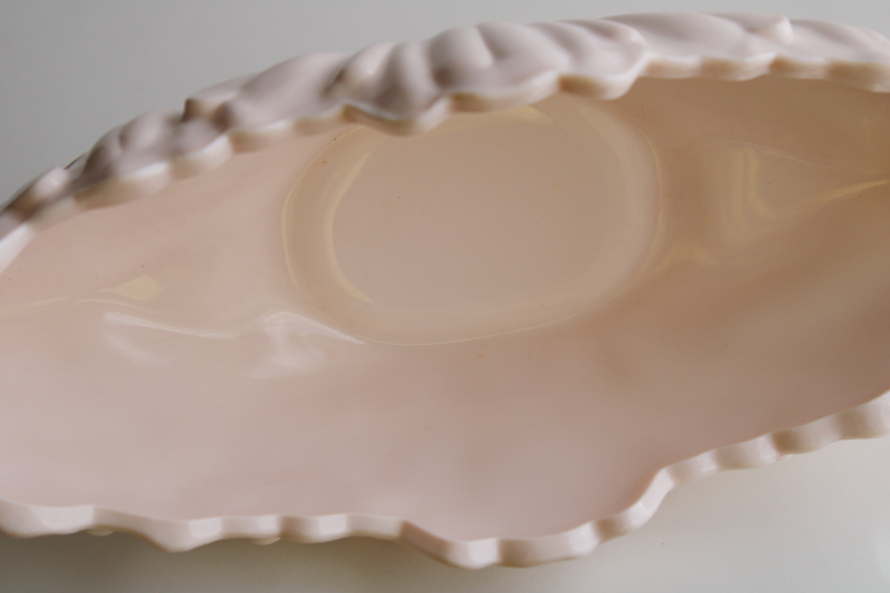 photo of vintage Jeannette shell pink milk glass, long low gondola planter bowl in pretty pastel pink #6