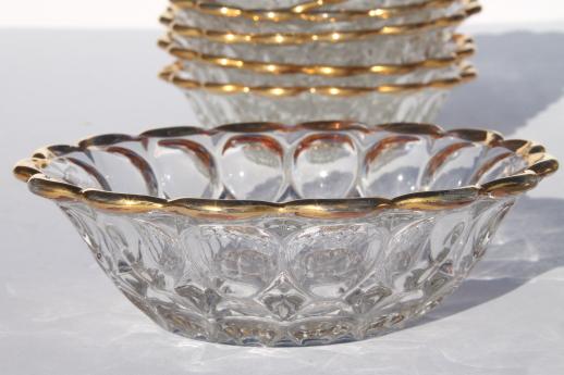 photo of vintage Jeannette thumbprint pattern glass berry bowls or ice cream dishes w/ gold trim #2