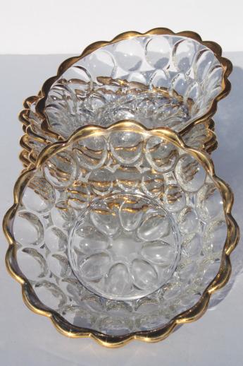 photo of vintage Jeannette thumbprint pattern glass berry bowls or ice cream dishes w/ gold trim #3