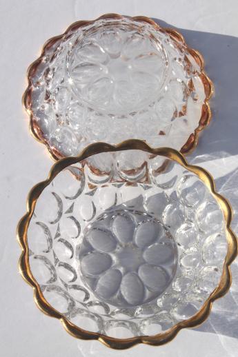 photo of vintage Jeannette thumbprint pattern glass berry bowls or ice cream dishes w/ gold trim #4