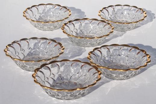 photo of vintage Jeannette thumbprint pattern glass berry bowls or ice cream dishes w/ gold trim #5