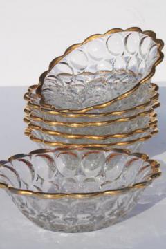 catalog photo of vintage Jeannette thumbprint pattern glass berry bowls or ice cream dishes w/ gold trim