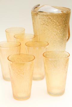 catalog photo of vintage Jeannette tree bark textured glass pitcher & tumblers, marigold iridescent carnival