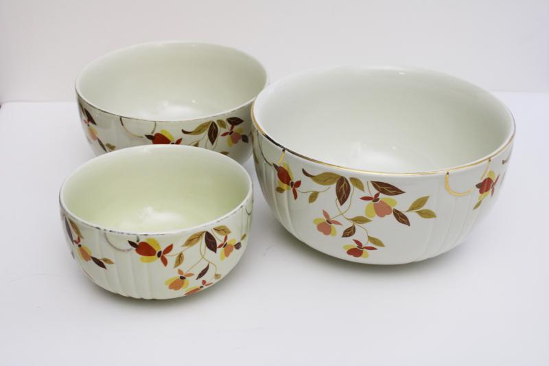 photo of vintage Jewel T Tea Autumn Leaf Hall china nest of mixing bowls, nesting bowl stack #7