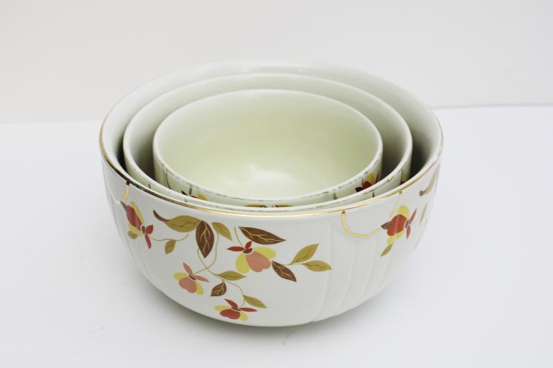 photo of vintage Jewel T Tea Autumn Leaf Hall china nest of mixing bowls, nesting bowl stack #9