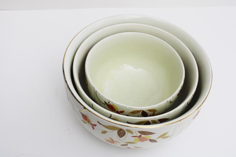 photo of vintage Jewel T Tea Autumn Leaf Hall china nest of mixing bowls, nesting bowl stack #10