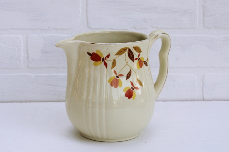 photo of vintage Jewel Tea Hall china Autumn Leaf pattern pitcher, short utility jug very worn #1