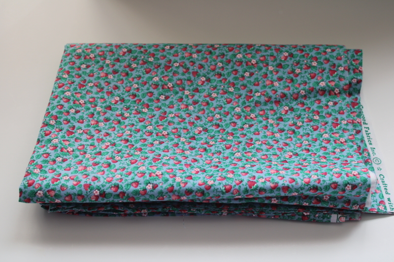 photo of vintage Joan Kessler Concord fabric, wild strawberries tiny print on blue quilting weight cotton  #1