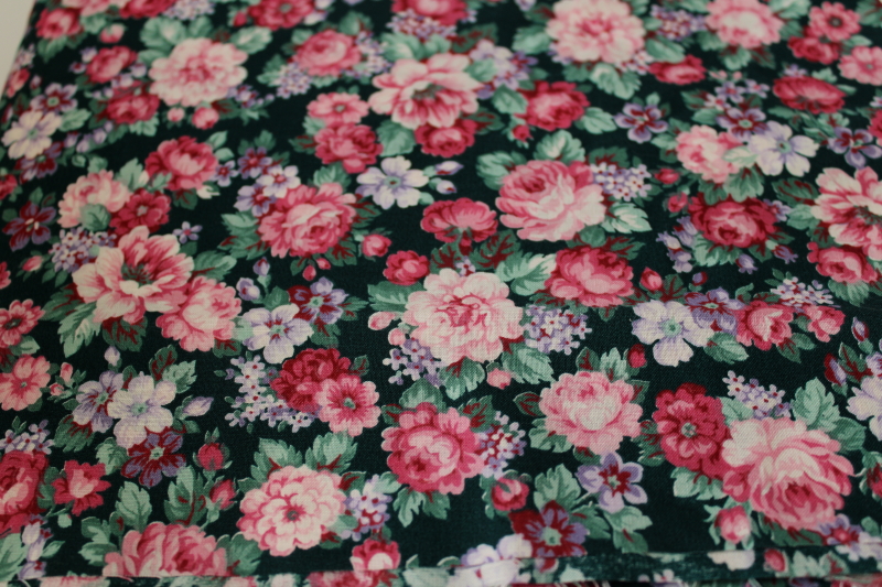 photo of vintage Joan Kessler floral print cotton fabric, pink flowers on deep green #1