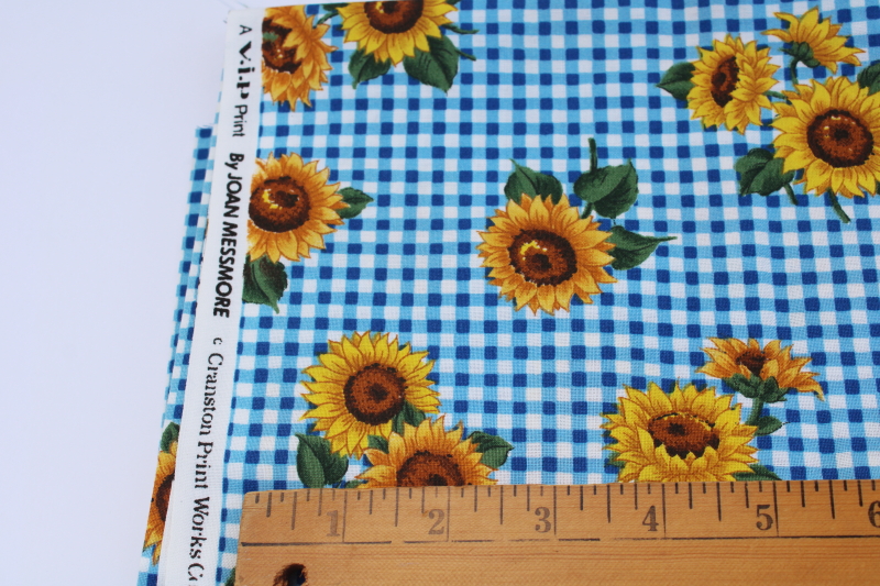 photo of vintage Joan Messmore Cranston Print Works cotton fabric sunflowers on blue gingham #2