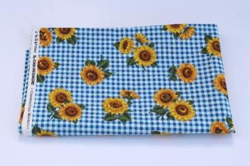 catalog photo of vintage Joan Messmore Cranston Print Works cotton fabric sunflowers on blue gingham 