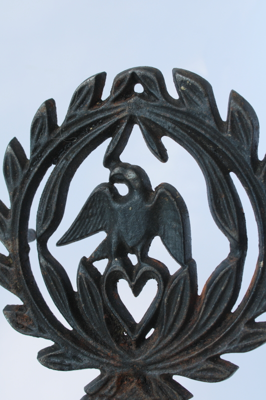 photo of vintage John Wright cast iron trivet wall hanging, American eagle & heart w/ laurel wreath #2