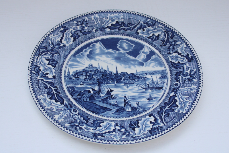 photo of vintage Johnson Bros Historic America blue transferware china dinner plate View of Boston #1