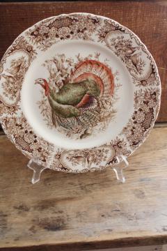 catalog photo of vintage Johnson Bros transferware china dinner plate Wild Turkeys Native American pattern