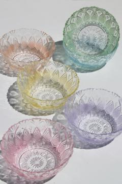 catalog photo of vintage KIG Indonesia pastel tint pressed glass bowls, dessert dishes set