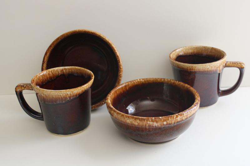 photo of vintage Kathy Kale McCoy brown drip glaze pottery soup or cereal bowls & coffee mugs #1