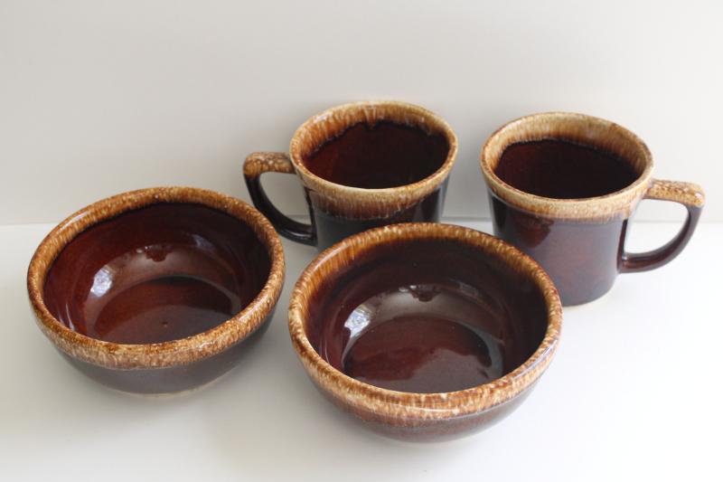 photo of vintage Kathy Kale McCoy brown drip glaze pottery soup or cereal bowls & coffee mugs #2