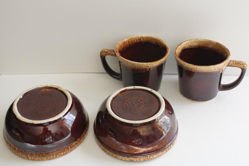 photo of vintage Kathy Kale McCoy brown drip glaze pottery soup or cereal bowls & coffee mugs #3