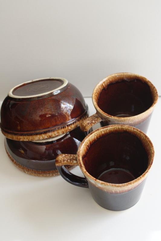 photo of vintage Kathy Kale McCoy brown drip glaze pottery soup or cereal bowls & coffee mugs #4