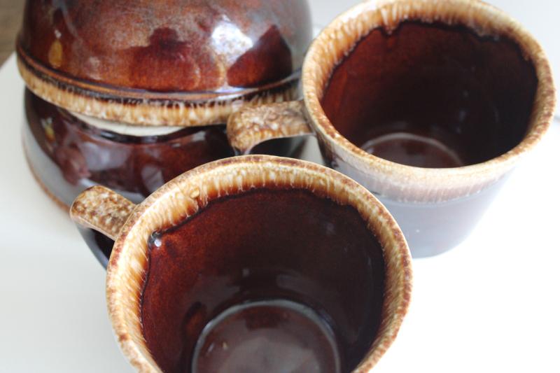 photo of vintage Kathy Kale McCoy brown drip glaze pottery soup or cereal bowls & coffee mugs #5