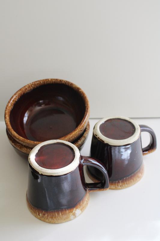 photo of vintage Kathy Kale McCoy brown drip glaze pottery soup or cereal bowls & coffee mugs #6