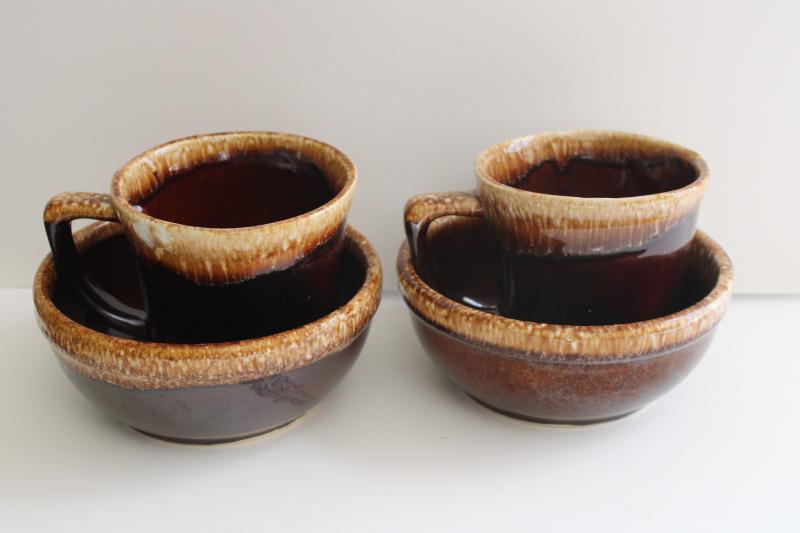 photo of vintage Kathy Kale McCoy brown drip glaze pottery soup or cereal bowls & coffee mugs #7