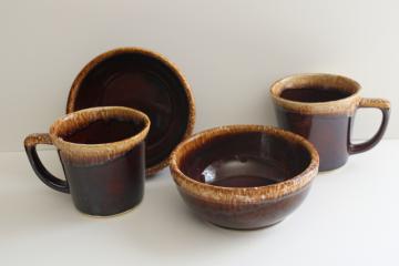 catalog photo of vintage Kathy Kale McCoy brown drip glaze pottery soup or cereal bowls & coffee mugs