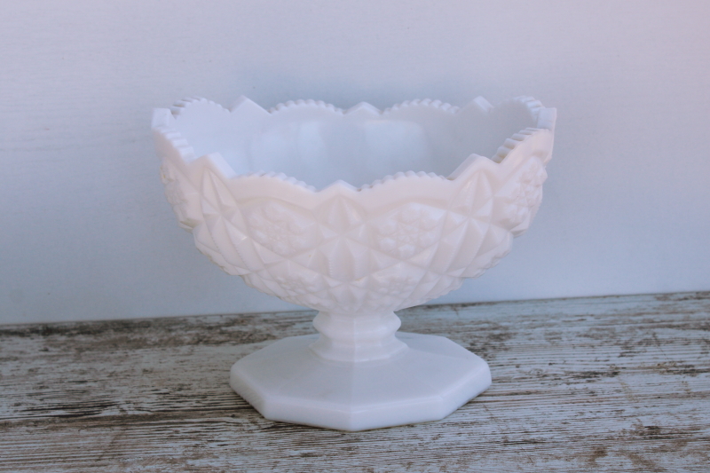 photo of vintage Kemple hobstar pattern milk glass, large compote bowl pressed glass centerpiece #1