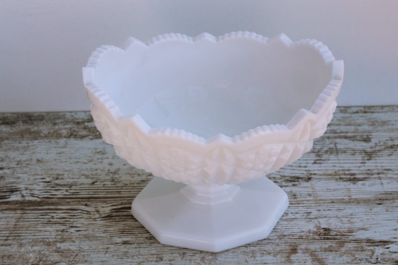 photo of vintage Kemple hobstar pattern milk glass, large compote bowl pressed glass centerpiece #2