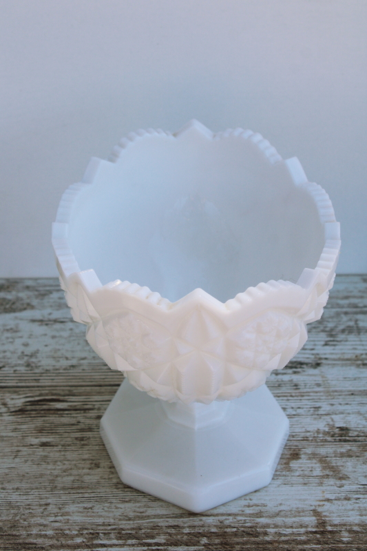 photo of vintage Kemple hobstar pattern milk glass, large compote bowl pressed glass centerpiece #5