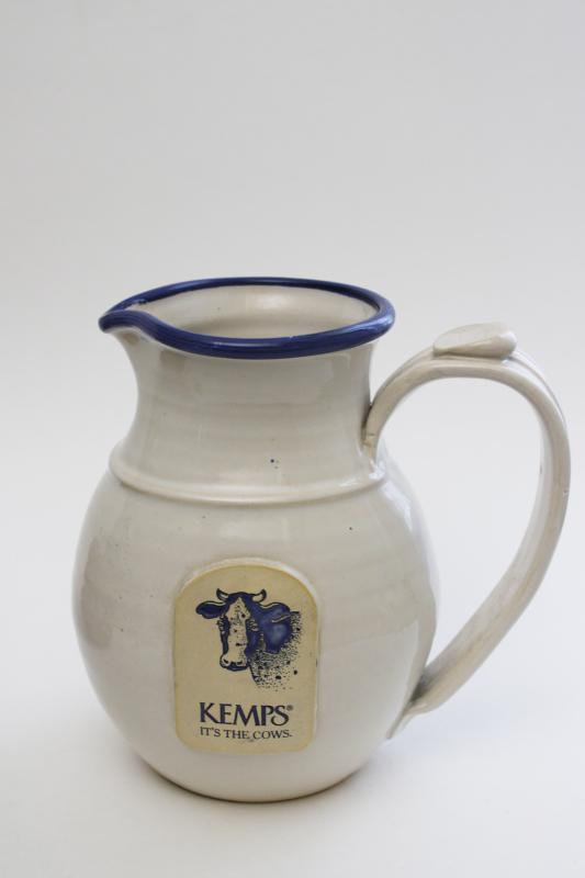 photo of vintage Kemps It's the Cows blue band stoneware pottery milk pitcher jug #1